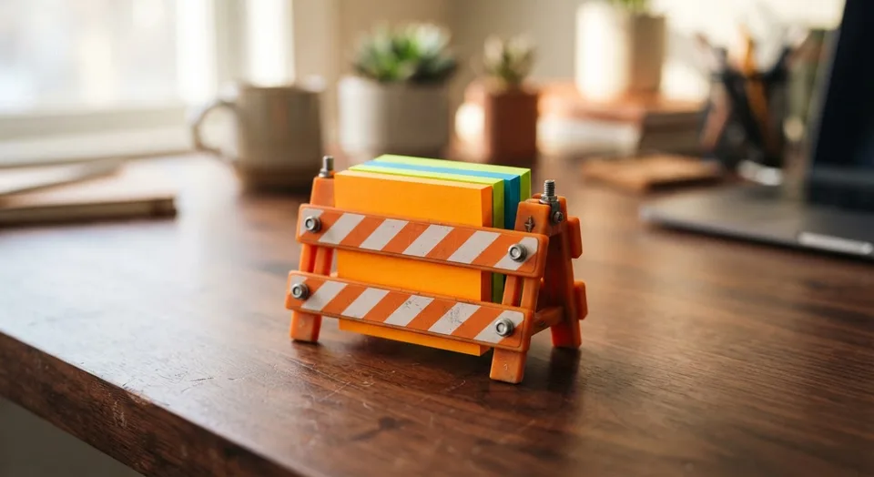 Miniature orange and white roadblock holding neon sticky notes
