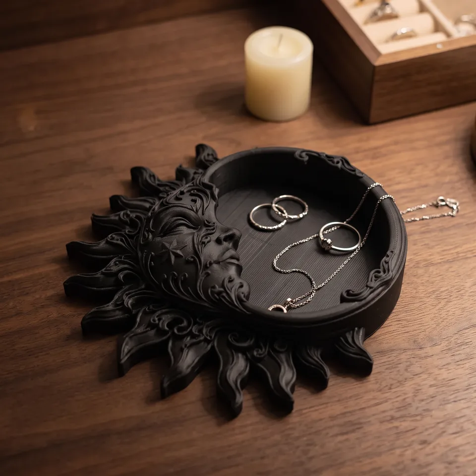 Goth Celestial Sun Face Jewelry Organizer Tray — dark wooden vanity