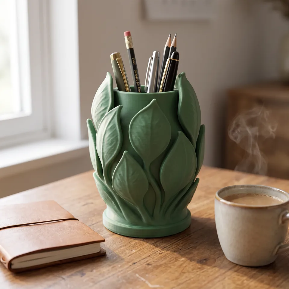 Leaf shaped vase — office desk setup