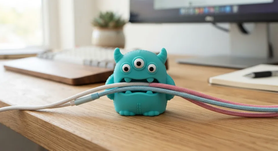 Teal silicone monster cable holder on a wooden desk