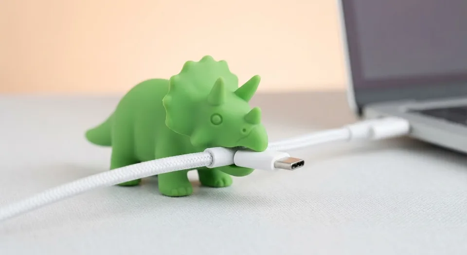 Green rubber dinosaur protecting a white charging cable