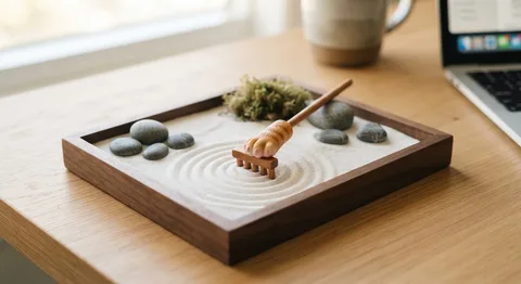 Miniature sand garden tray with stones, moss and a small wooden rake